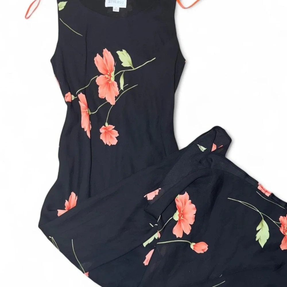 Vintage Y2K black floral slip dress classic early 2000s silhouette - Picture 5 of 5